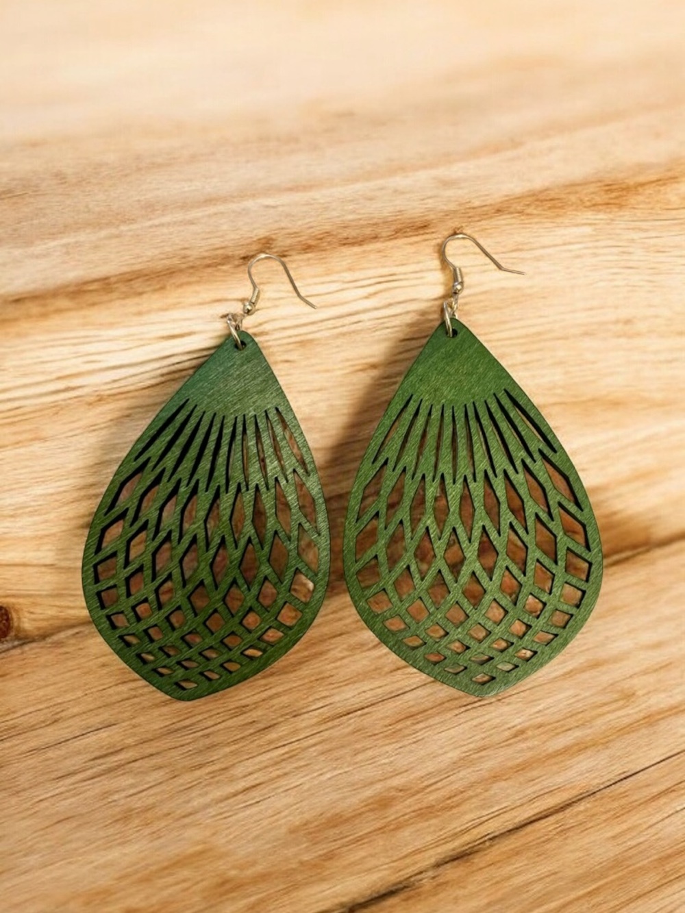 Green Wood Teardrop Earrings